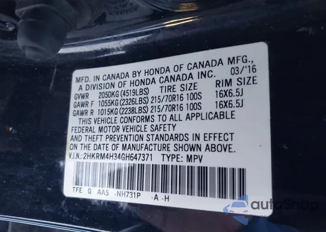 2016 Honda Cr-V Lx from USA, damaged, VIN 2HKRM4H34GH647371